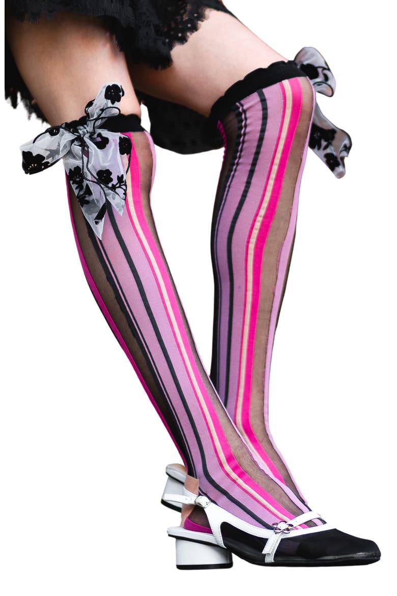 Parisian Stripe Bow Knee High Socks, Alternate, color, MULTI PINK