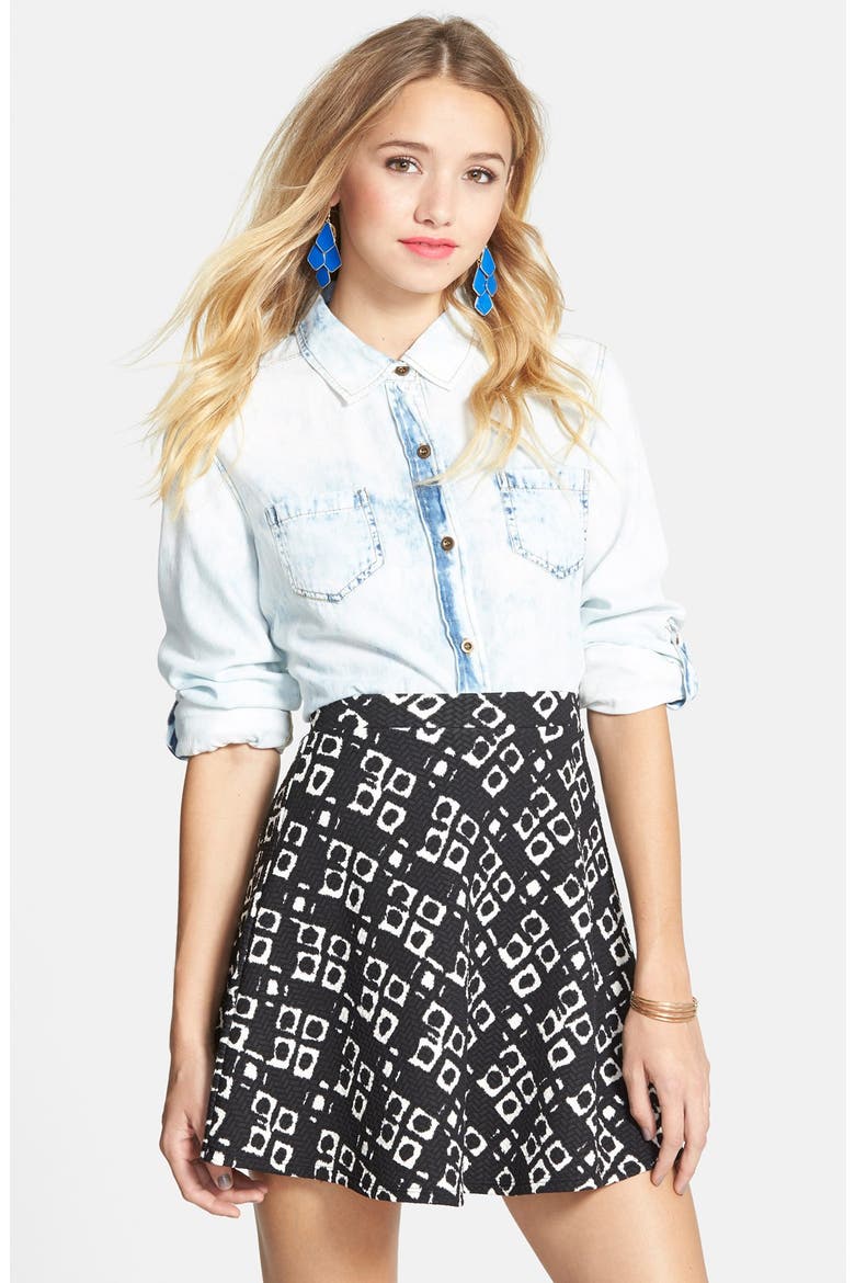 Textured Flower Print Skater Skirt, Main, color, BLACK
