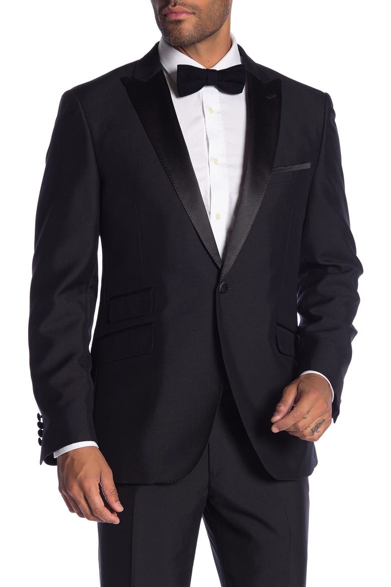 Thruxton Black One Button Peak Lapel Modern Fit Tuxedo Jacket, Main, color, BLACK