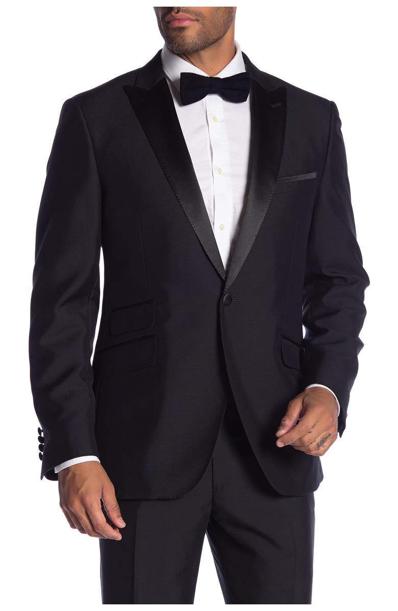 SAVILE ROW CO Thruxton Black One Button Peak Lapel Modern Fit Tuxedo Jacket, Main, color, Black