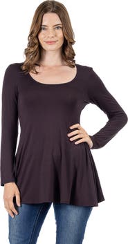 24seven Comfort Apparel Long Sleeve Solid Color Swing Style Flared Tunic Top