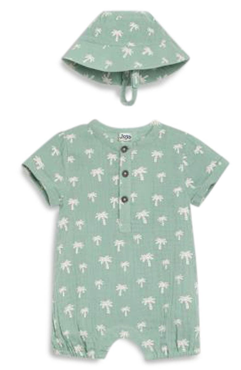 JOJO MAMAN BEBE Cotton Gauze Romper & Hat Set, Main, color, Khaki