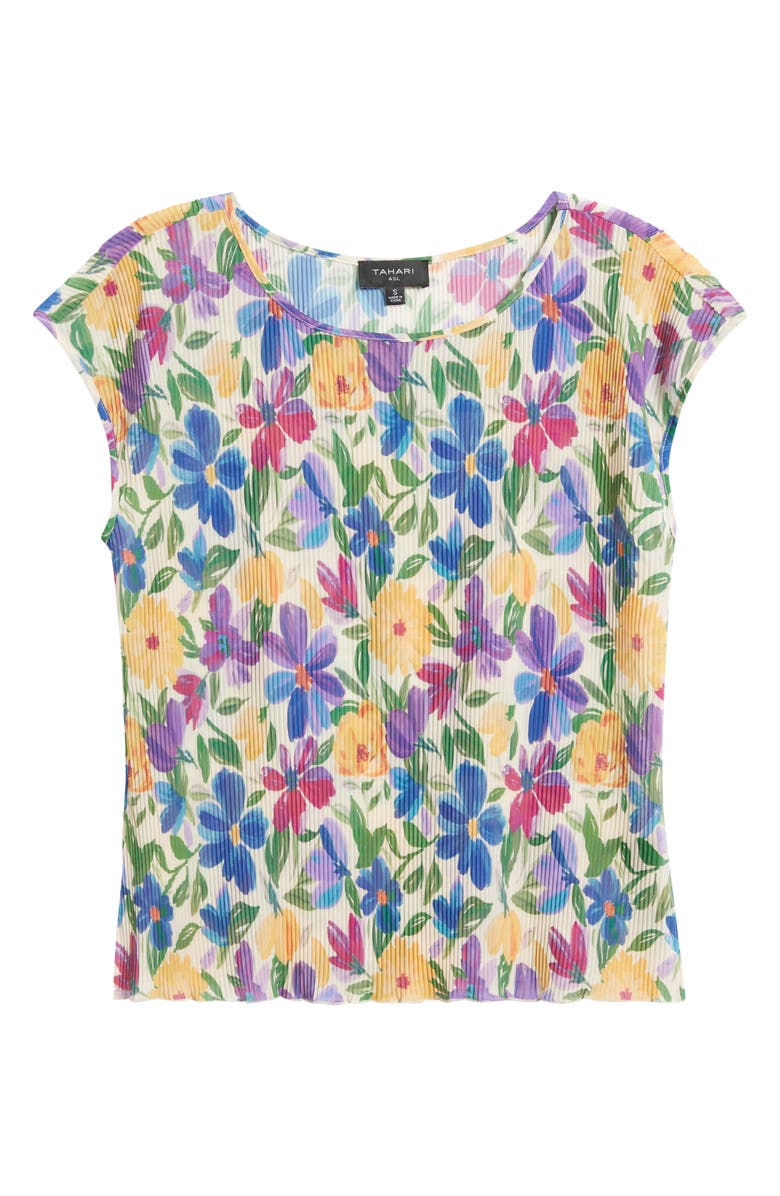 Tahari ASL Floral Plissé Cap Sleeve Top, Alternate, color, Sand Jungle