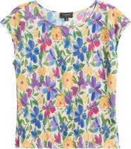Tahari ASL Floral Plissé Cap Sleeve Top