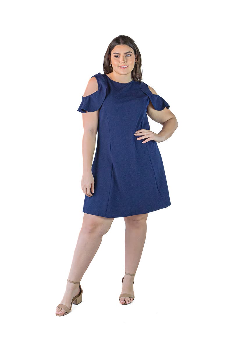 24seven Comfort Apparel Plus Size Ruffle Cold Shoulder A Line Knee Length Dress, Main, color, Navy