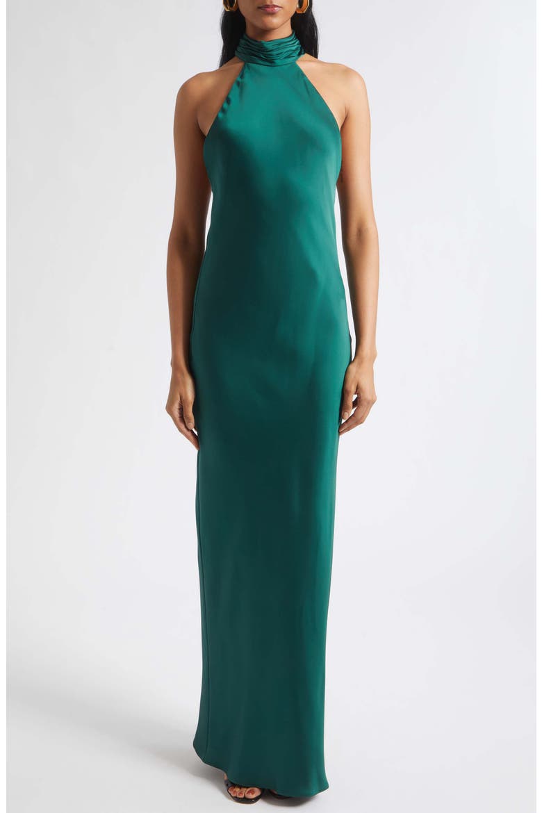 Tatiana Halter Neck Satin Gown, Main, color, DEEP EMERALD
