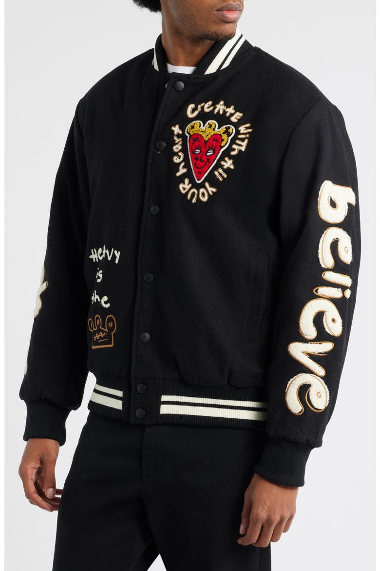 Melton Wool Blend Bomber Jacket, Alternate, color, BLACK