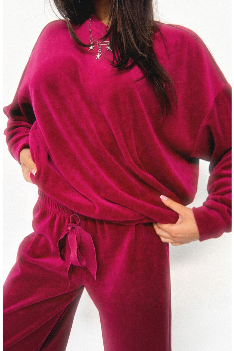 Crewneck Velour Sweatshirt, Alternate, color, BING CHERRY