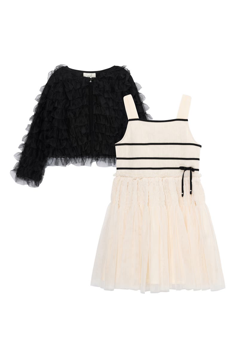 Peek Aren't You Curious Kids' Stripe Mesh Dress & Ruffle Cardigan Set, Main, color, Cream