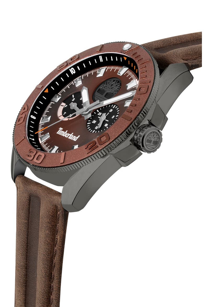 Fairhill Multifunction Leather Strap Watch, 44mm, Alternate, color, DARK BROWN