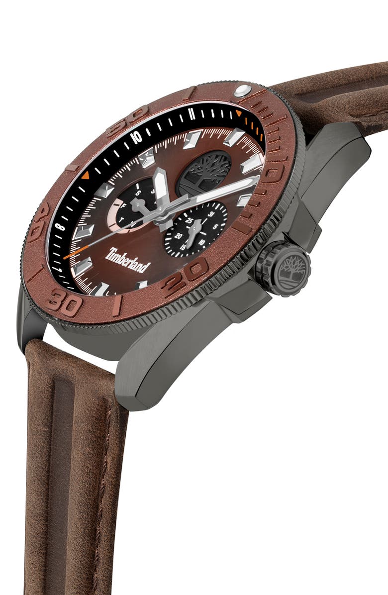Timberland Fairhill Multifunction Leather Strap Watch, 44mm, Alternate, color, Dark Brown