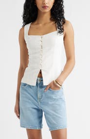 Open Edit Sweetheart Neck Linen Blend Top