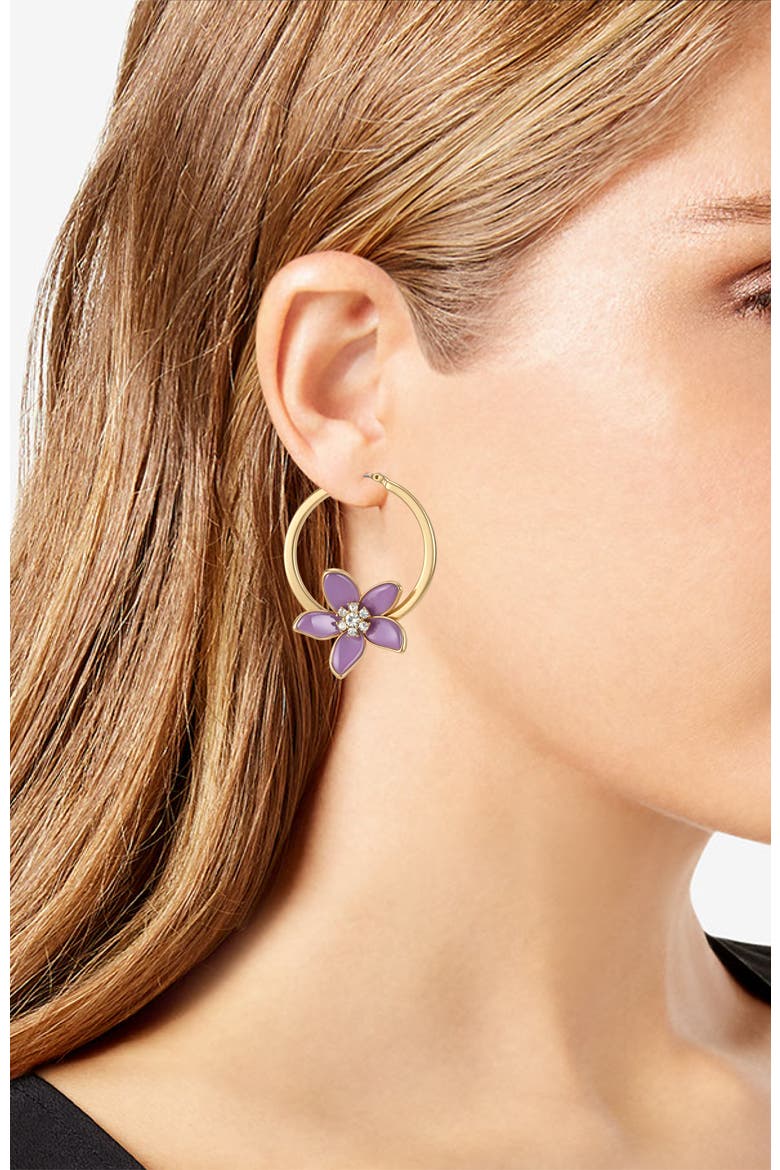 Gold-Tone Crystal Hoop Earrings with Pink Charms, Alternate, color, Gold