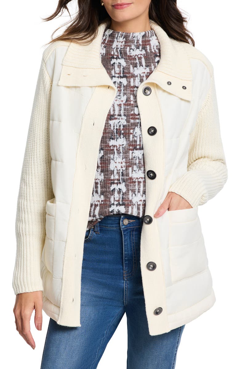 NIC+ZOE Mixed Media Quilted Puffer Jacket, Main, color, Classic Cream