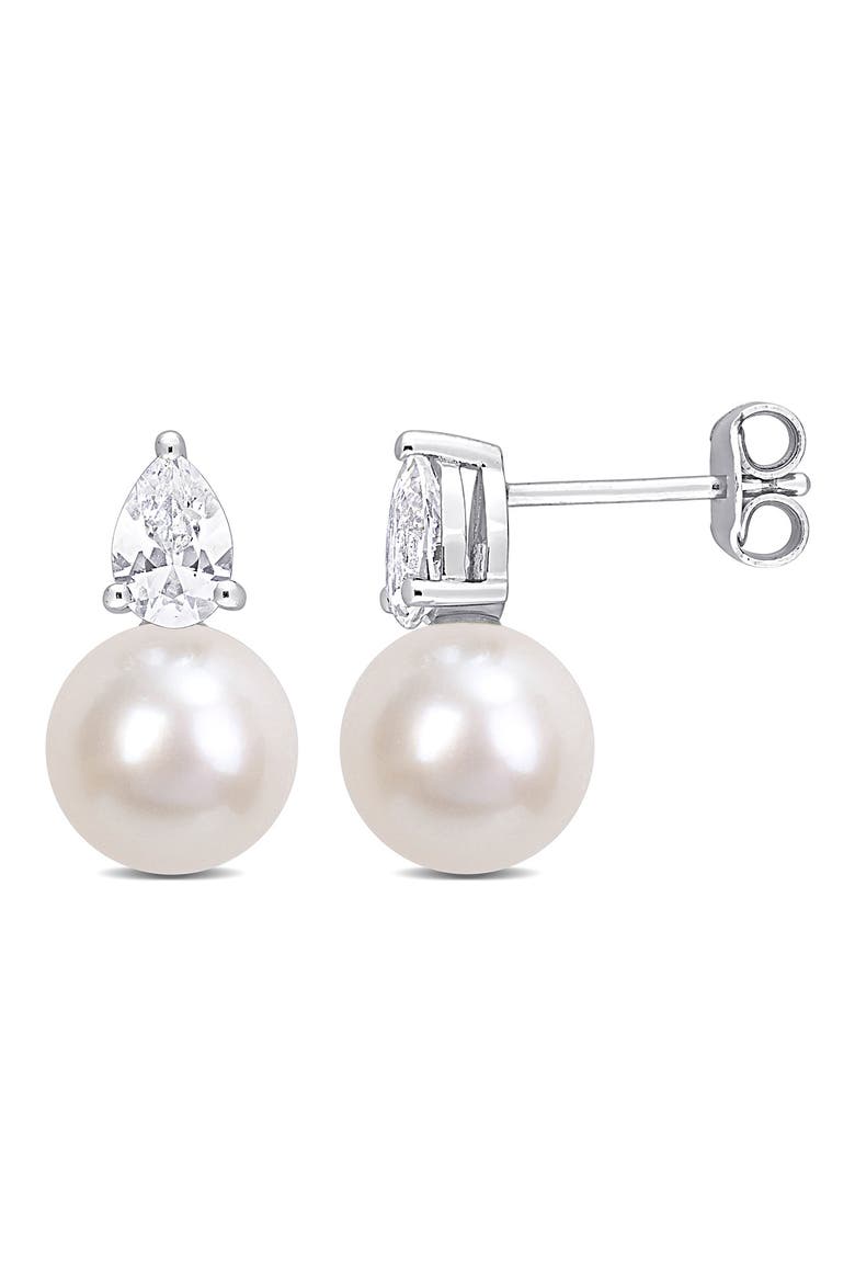 Sterling Silver 8.5-9mm Cultured Freshwater Pearl & Created White Sapphire Earrings, Main, color, WHITE
