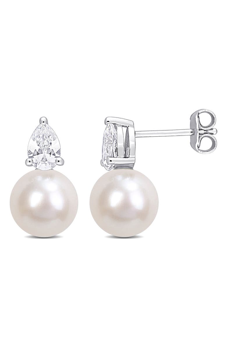 DELMAR Sterling Silver 8.5-9mm Cultured Freshwater Pearl & Created White Sapphire Earrings, Main, color, White