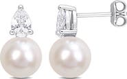 DELMAR Sterling Silver 8.5-9mm Cultured Freshwater Pearl & Created White Sapphire Earrings