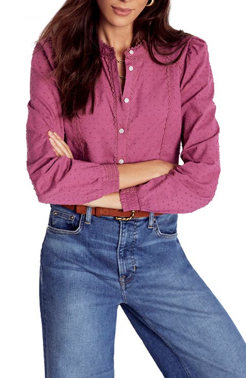 Rhea Long Sleeve Button Front Cotton Dobby Top