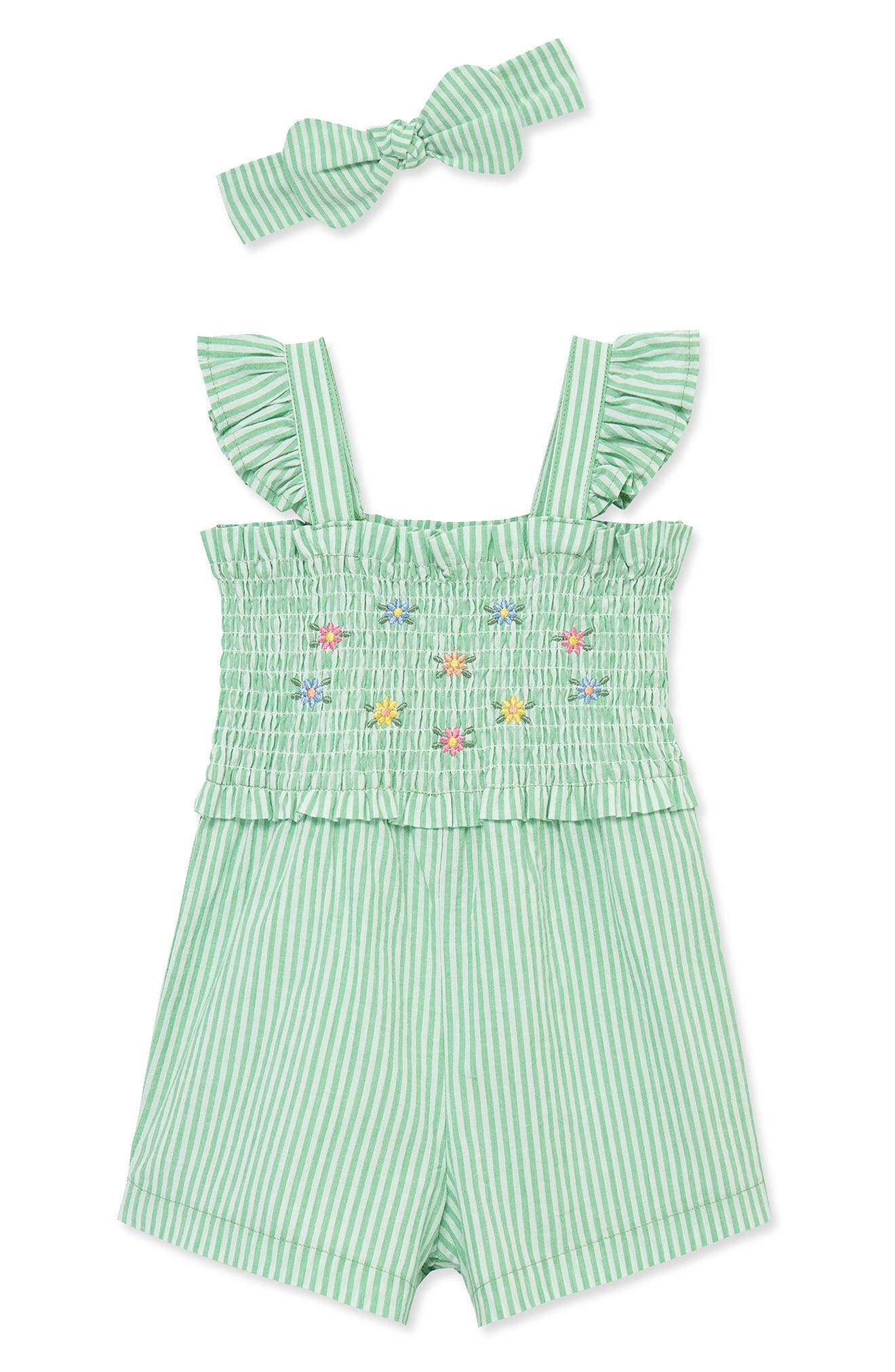 Little Me Kids' Embroidered Stripe Cotton Romper & Headband Set