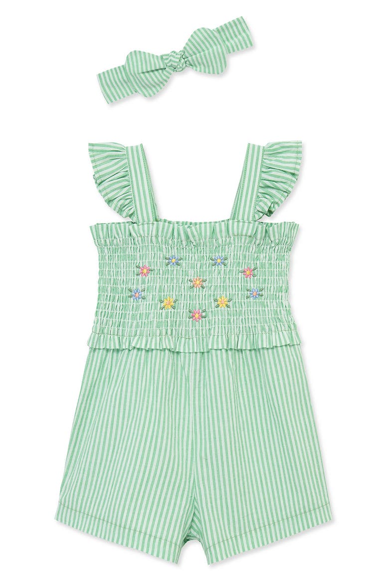 Kids' Embroidered Stripe Cotton Romper & Headband Set, Main, color, GREEN