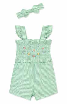 Little Me Kids' Embroidered Stripe Cotton Romper & Headband Set
