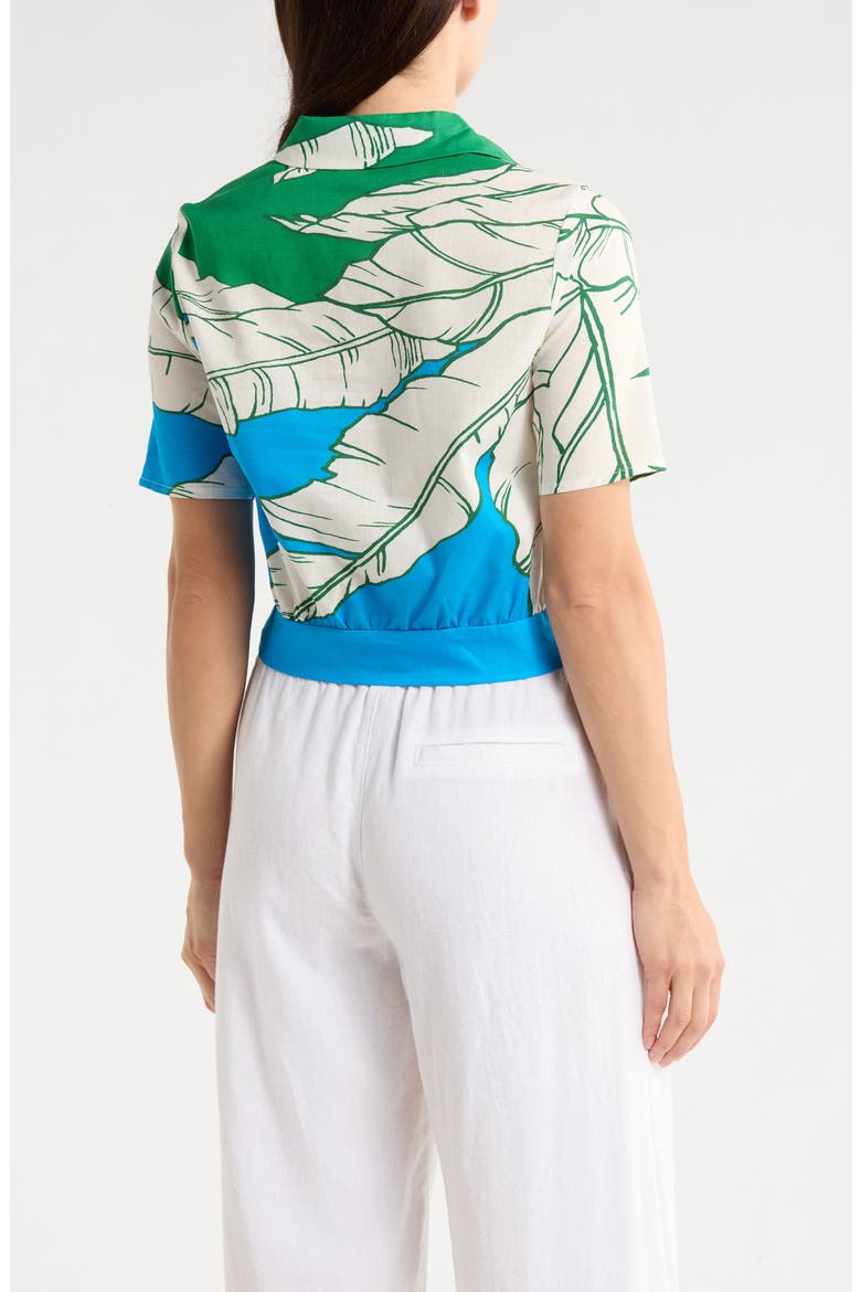 Short Sleeve Tie Front Cotton & Linen Crop Shirt, Alternate, color, PALM CASCADE PRINT