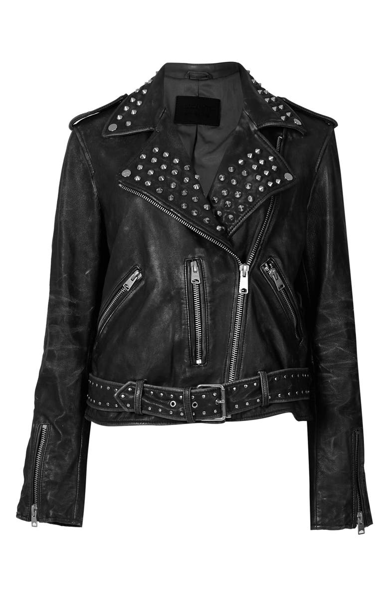 AllSaints Grommet Belted Sheepskin Leather Moto Jacket, Alternate, color,