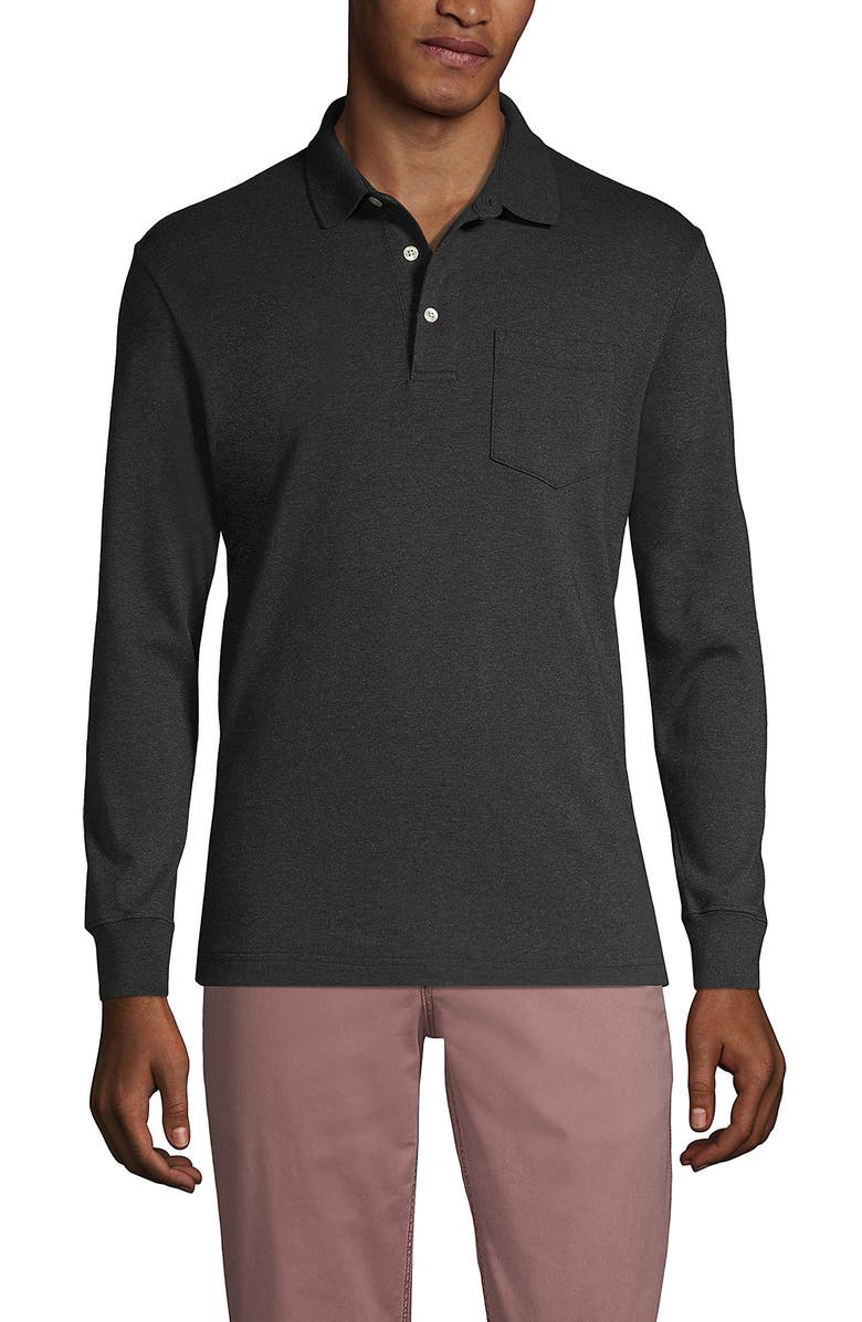 Lands' End Long Sleeve Cotton Supima Polo Shirt with Pocket, Main, color, Dark Charcoal Heather