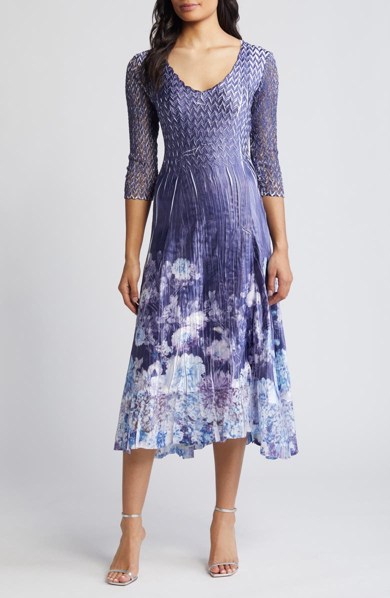 Komarov Floral Print Charmeuse & Lace Cocktail Midi Dress, Alternate, color,