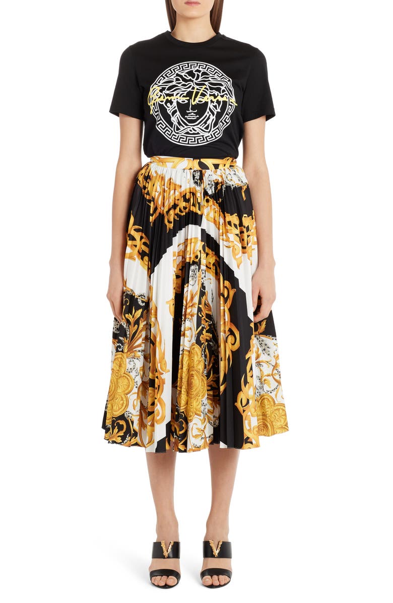Versace Pleated Barocco Acanthus Print Midi Skirt, Alternate, color, 