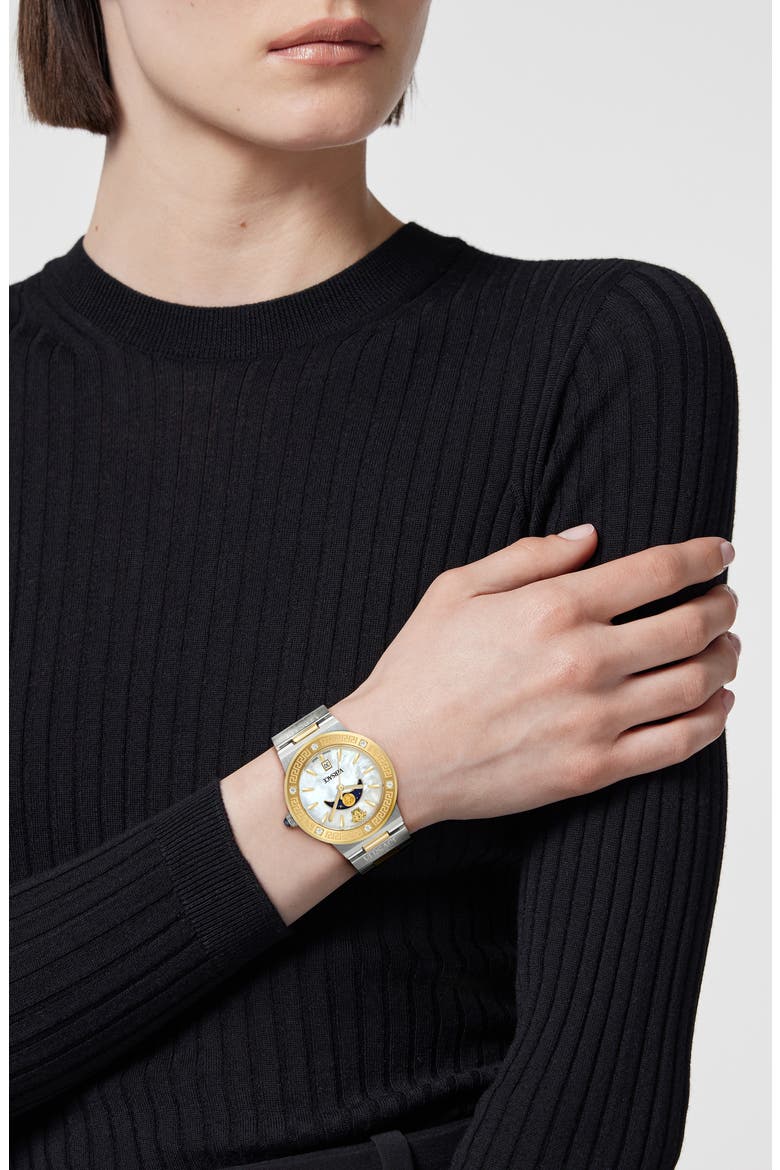 Greca Logo Moonphase Bracelet Watch, 38mm, Alternate, color, TWO TONE