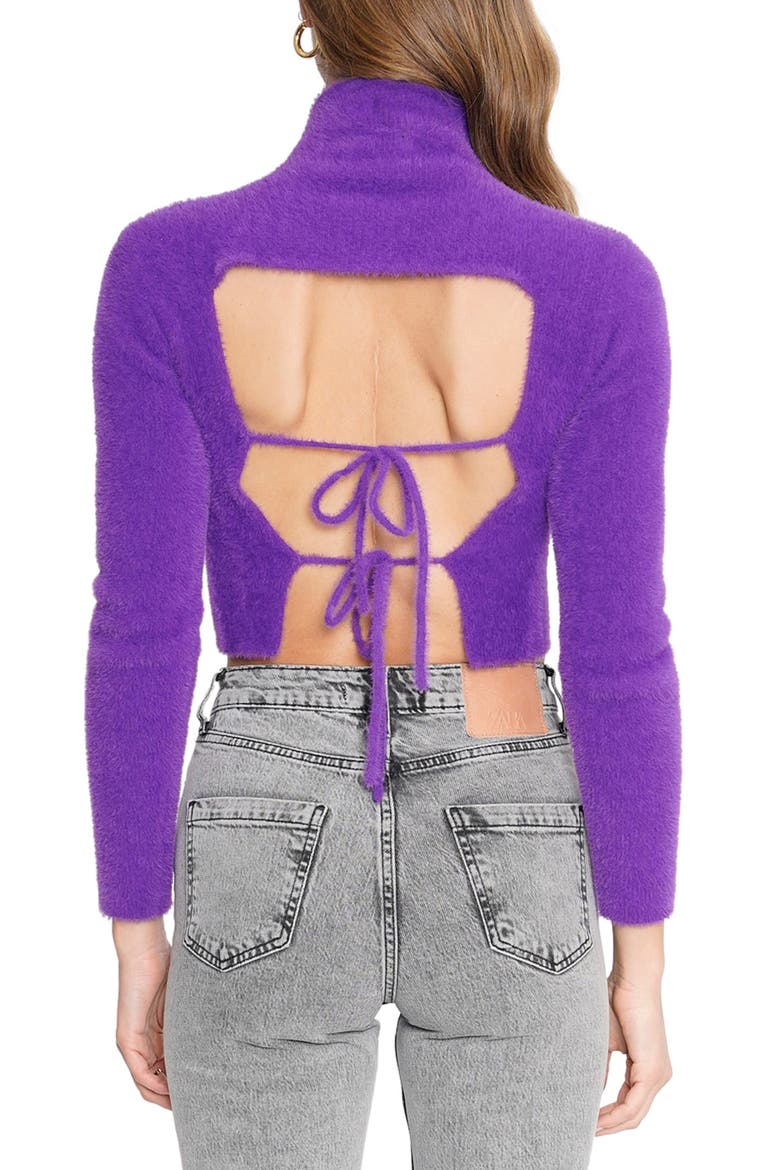 Zelah Open Back Eyelash Crop Sweater, Alternate, color, PURPLE