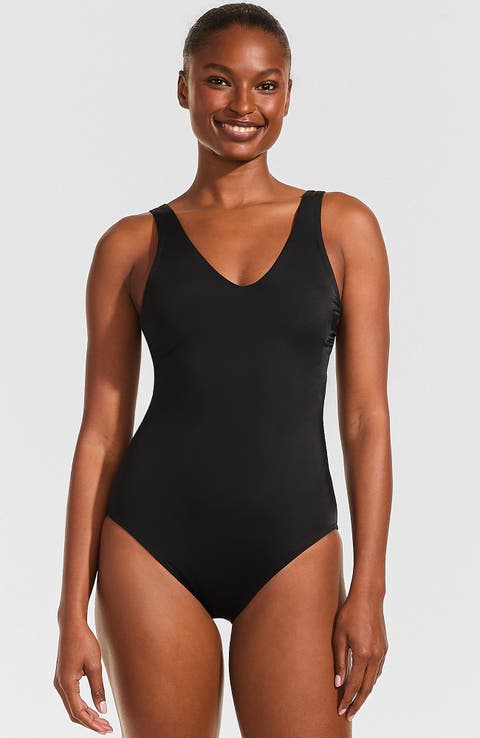Lands' End Tugless V-Neck High Leg One Piece Swimsuit