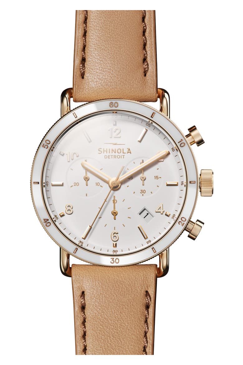 The Canfield Chrono Leather Strap Watch, 40mm, Main, color, CAMEL/ WHITE/ GOLD