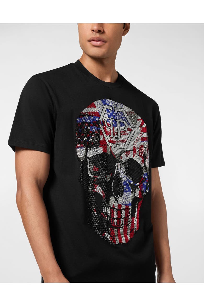 Round Neck T-Shirt Skull America Men, Alternate, color, black