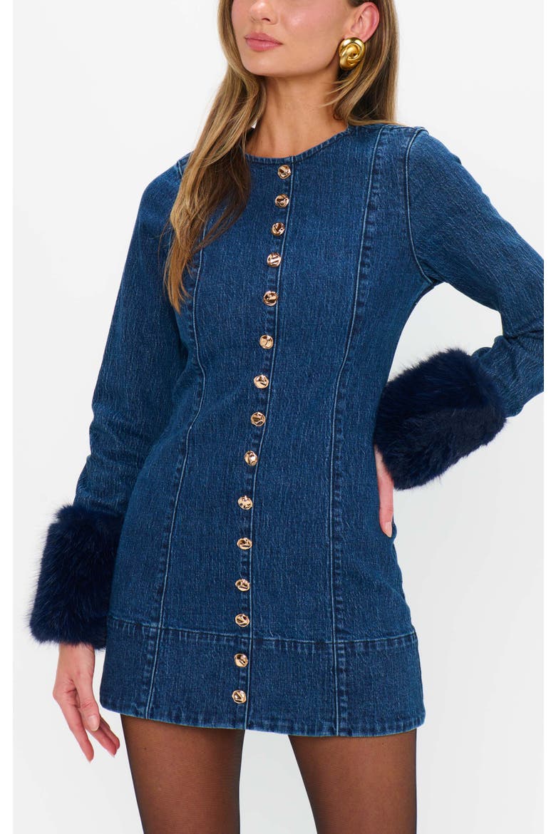 Rockefeller Mini Dress, Main, color, Subzero Indigo with Faux Fur