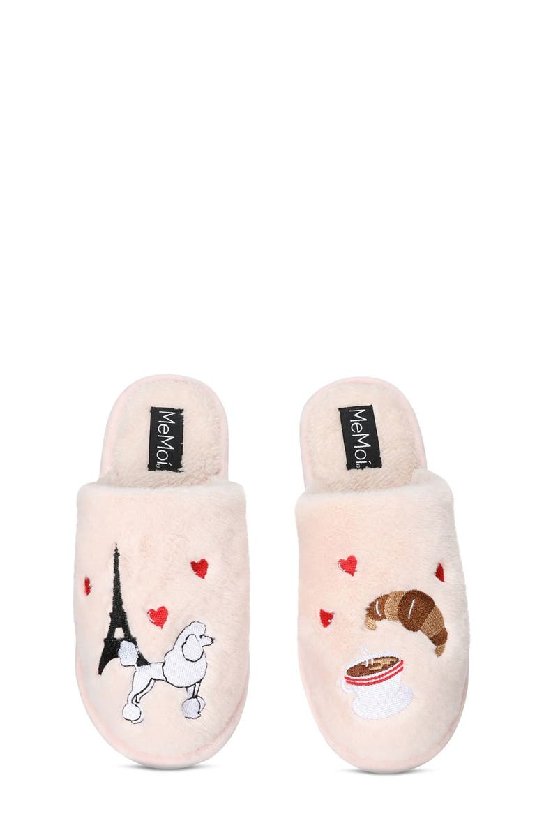 MeMoi I Love Paris Faux Fur Memory Foam Slipper, Main, color, Pale Blush