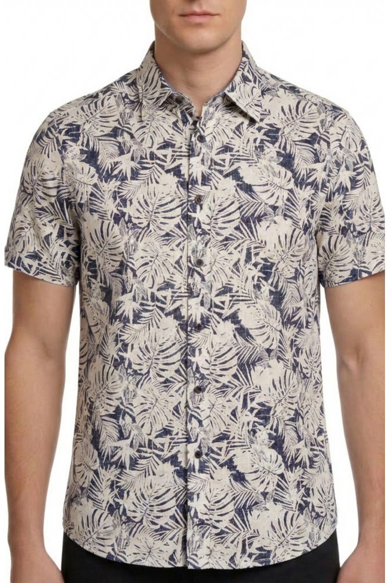 Tropical Print Short Sleeve Linen & Cotton Button-Up Shirt, Main, color, NAVY