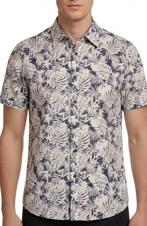 Tropical Print Short Sleeve Linen & Cotton Button-Up Shirt