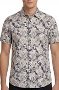 Report Collection Tropical Print Short Sleeve Linen & Cotton Button-Up Shirt