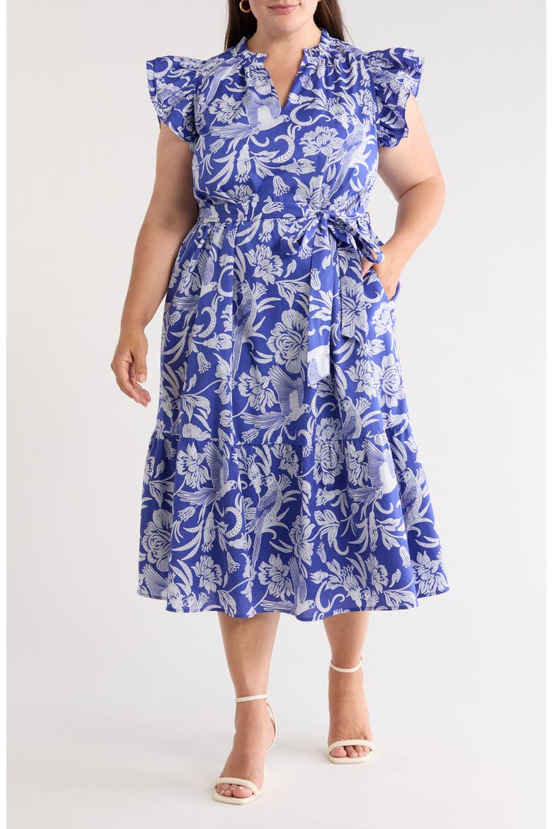 Sita Viry Floral Ruffle Sleeve Tiered Midi Dress, Main, color, NAVY WHITE