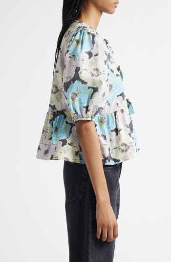 Print Puff Sleeve Peplum Organic Cotton Top