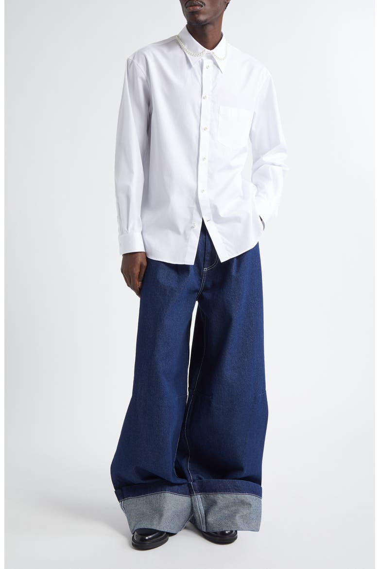 Faux Pearl Detail Classic Fit Cotton Button-Up Shirt, Alternate, color, WHITE/ PEARL