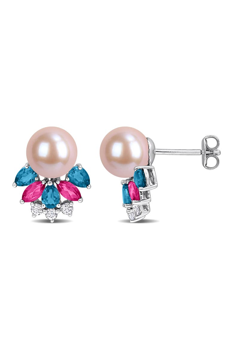 8-8.5mm Cultured Freshwater Pearl & Gemstone Cluster Earrings, Main, color, PINK/ BLUE/ SILVER MULTI