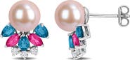 DELMAR 8-8.5mm Cultured Freshwater Pearl & Gemstone Cluster Earrings
