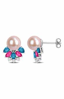 DELMAR 8-8.5mm Cultured Freshwater Pearl & Gemstone Cluster Earrings