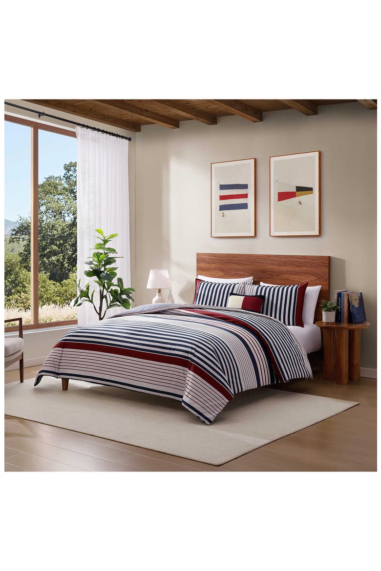 Brookyln Stripe Cotton Percale Comforter & Shams Set, Alternate, color, BEIGE/ BLUE/ RED