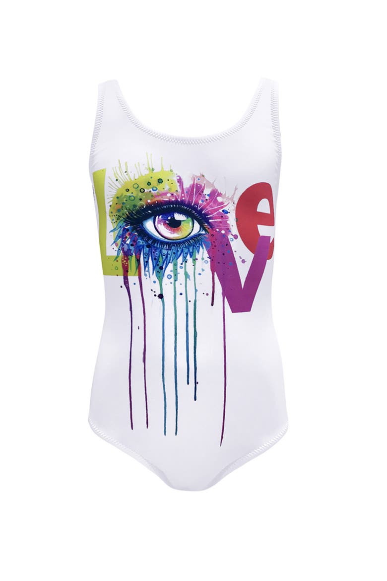 Watercolor Splash 'LOVE' Graphic One-Piece Swimsuit, Toddler, Little Kid & Big Kid, Main, color, White