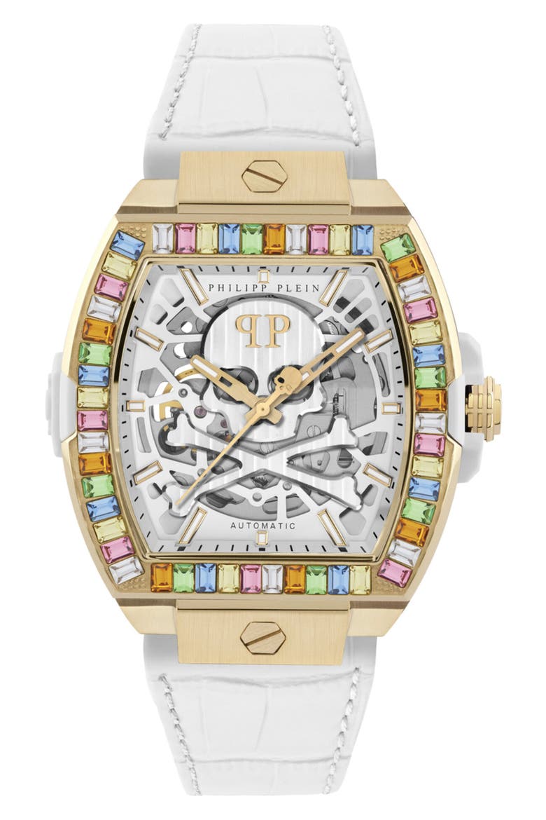The $keleton 2.0 Automatic Leather Strap Watch, 44mm, Main, color, IP YELLOW GOLD