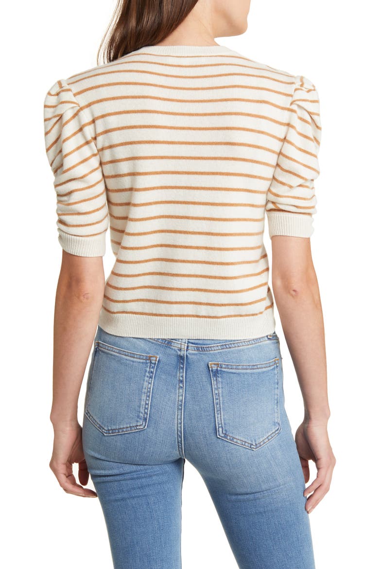 Stripe Ruched Sleeve Cashmere Sweater, Alternate, color, CAMEL MULTI
